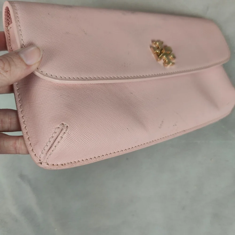 Tory Burch Leather Slim Diana Flap Clutch Blush Pink Saffiano Preppy‎ FLAWS